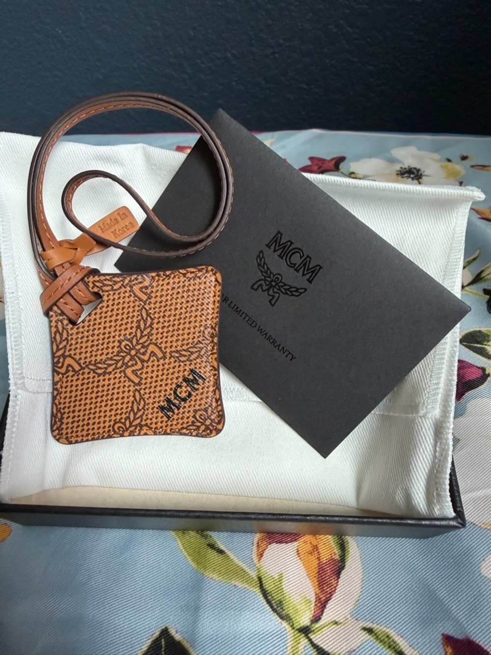 New MCM Cognac AirTag Holder with Signature Visetos Print